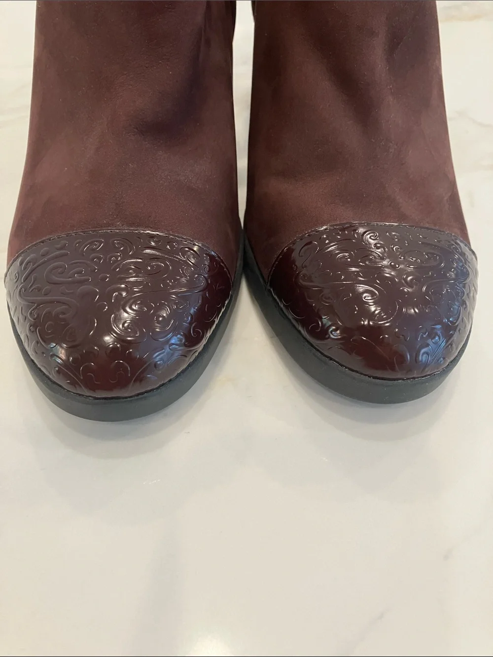 Geox Burgundy Platform Suede Booties w/ Patent Leather Cap Toe- Never Worn